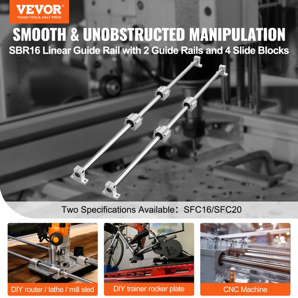 VEVOR Linear Guide Rail Set, SFC16 1000mm, 2 PCS 39.4 in/1000 mm SFC16 Guide Rails 4 PCS SC16 Slide Blocks 4 PCS Rail Supports, Linear Rails and Bearings Kit for Automated Machines CNC DIY Project