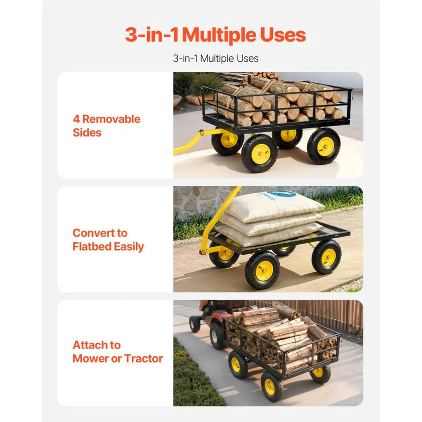1200 lb Heavy Duty Steel Garden Cart Wagon – 3-in-1 Utility Yard Trailer