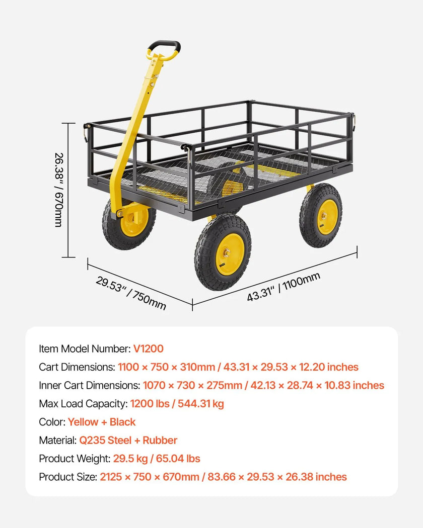 VEVOR Steel Garden Cart 1200lb Capacity Heavy Duty Yard Wagon Cart 13in Tires