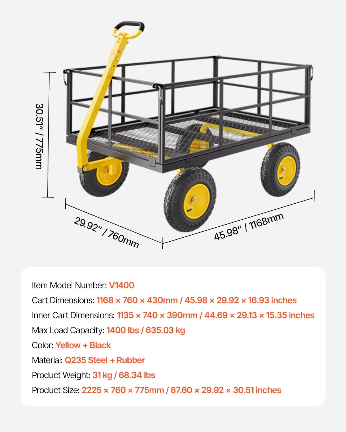 VEVOR Steel Garden Cart 1400lb Capacity Heavy Duty Yard Wagon Cart 13in Tires