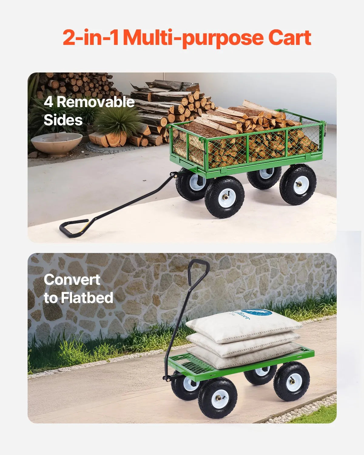 VEVOR Steel Garden Cart 680lb Capacity Heavy Duty Yard Wagon Cart 10in Tires