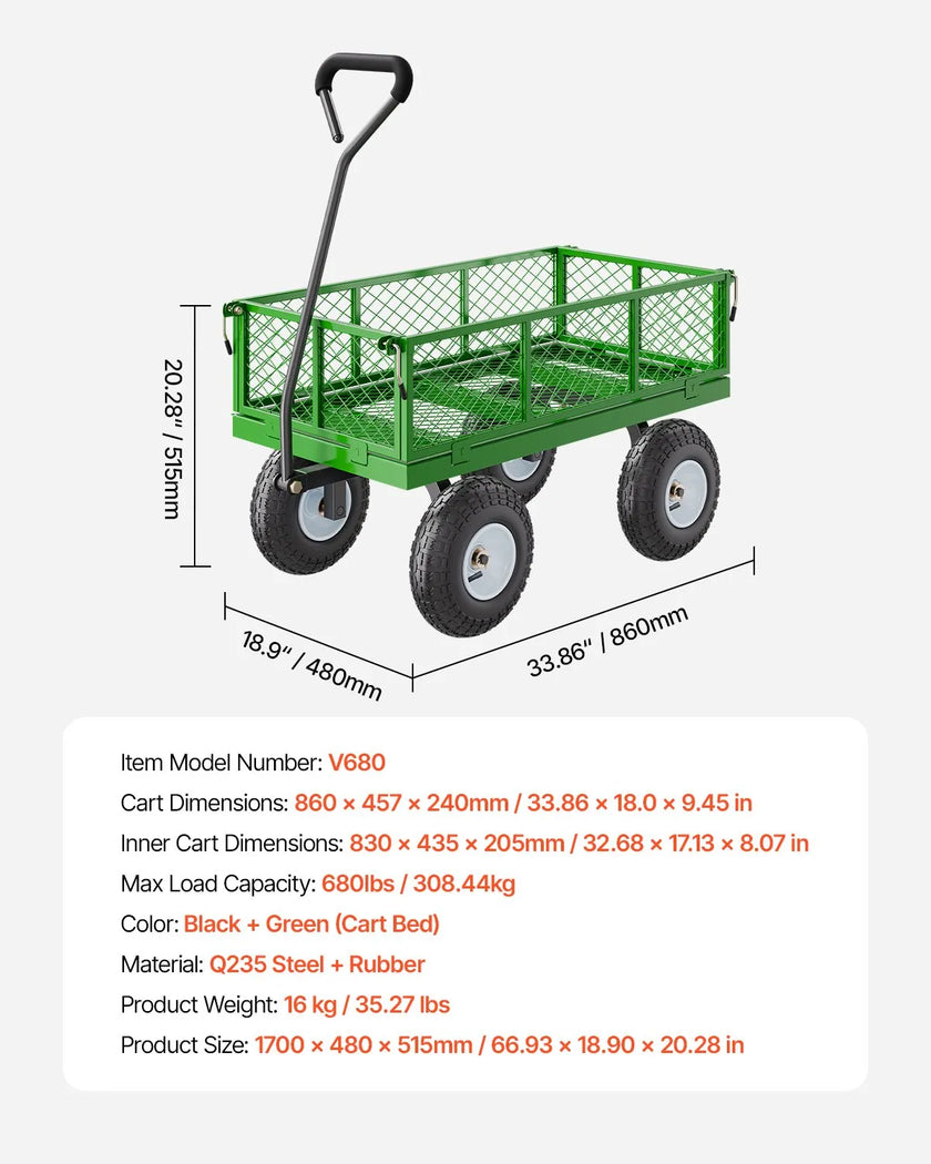VEVOR Steel Garden Cart 680lb Capacity Heavy Duty Yard Wagon Cart 10in Tires