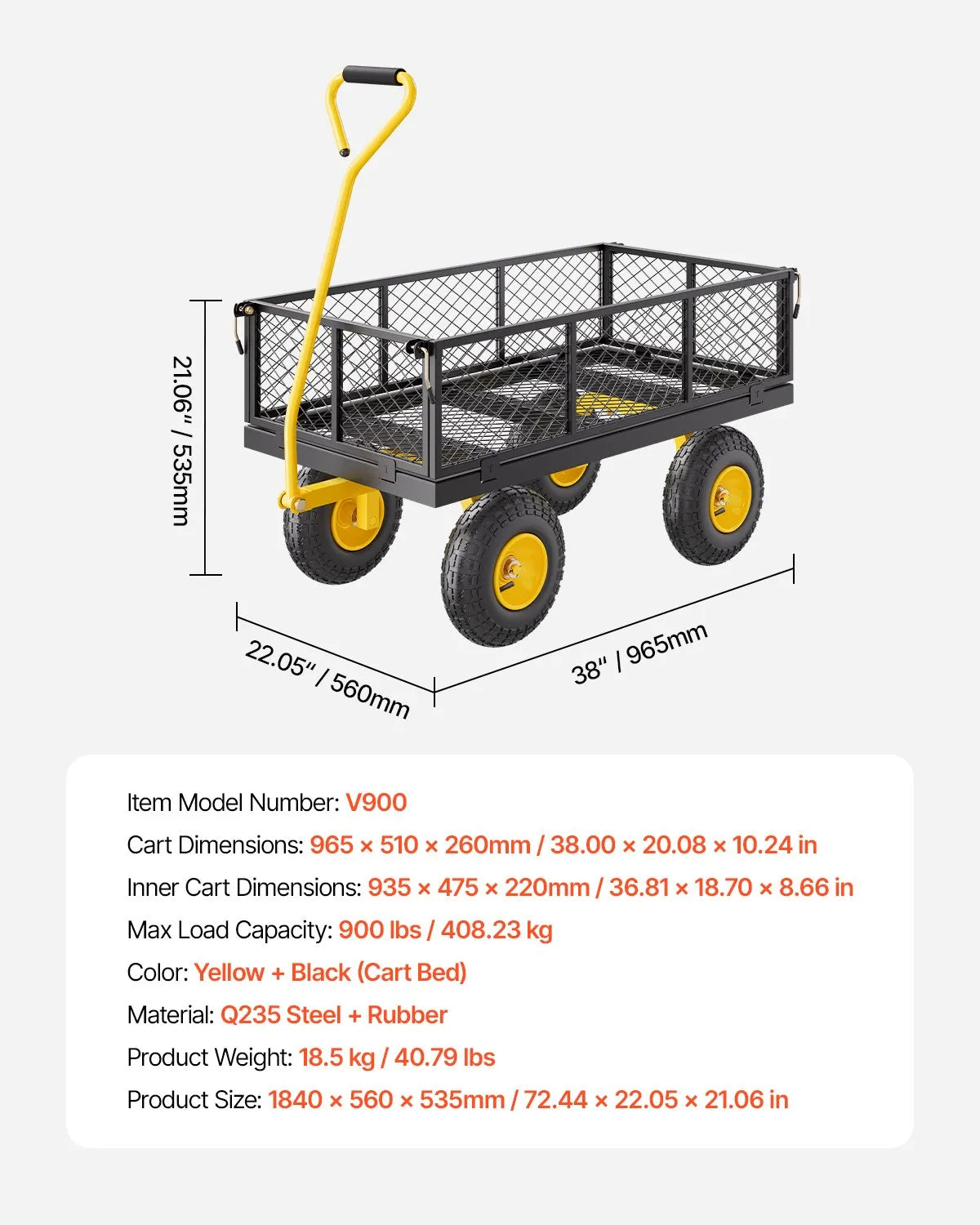 VEVOR Steel Garden Cart 900lb Capacity Heavy Duty Yard Wagon Cart 10in Tires