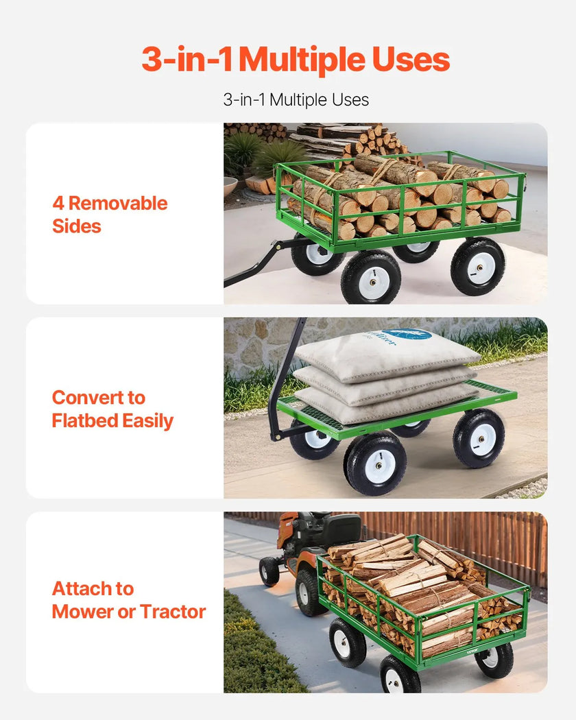 VEVOR Steel Garden Cart 1200lbs Capacity Heavy Duty Wagon Cart 13in Tires