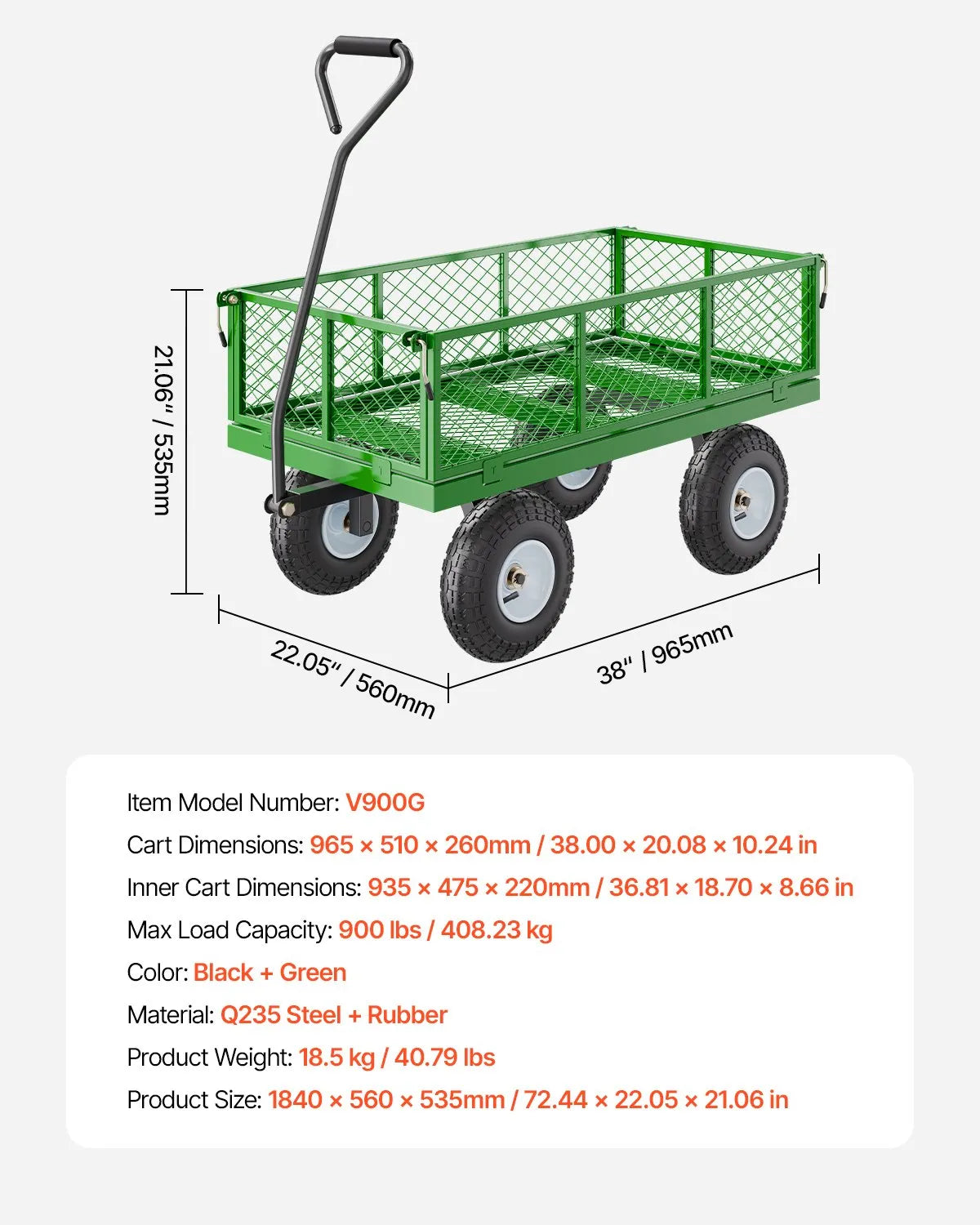 VEVOR Steel Garden Cart 900lbs Capacity Heavy Duty Wagon Cart 10in Tires