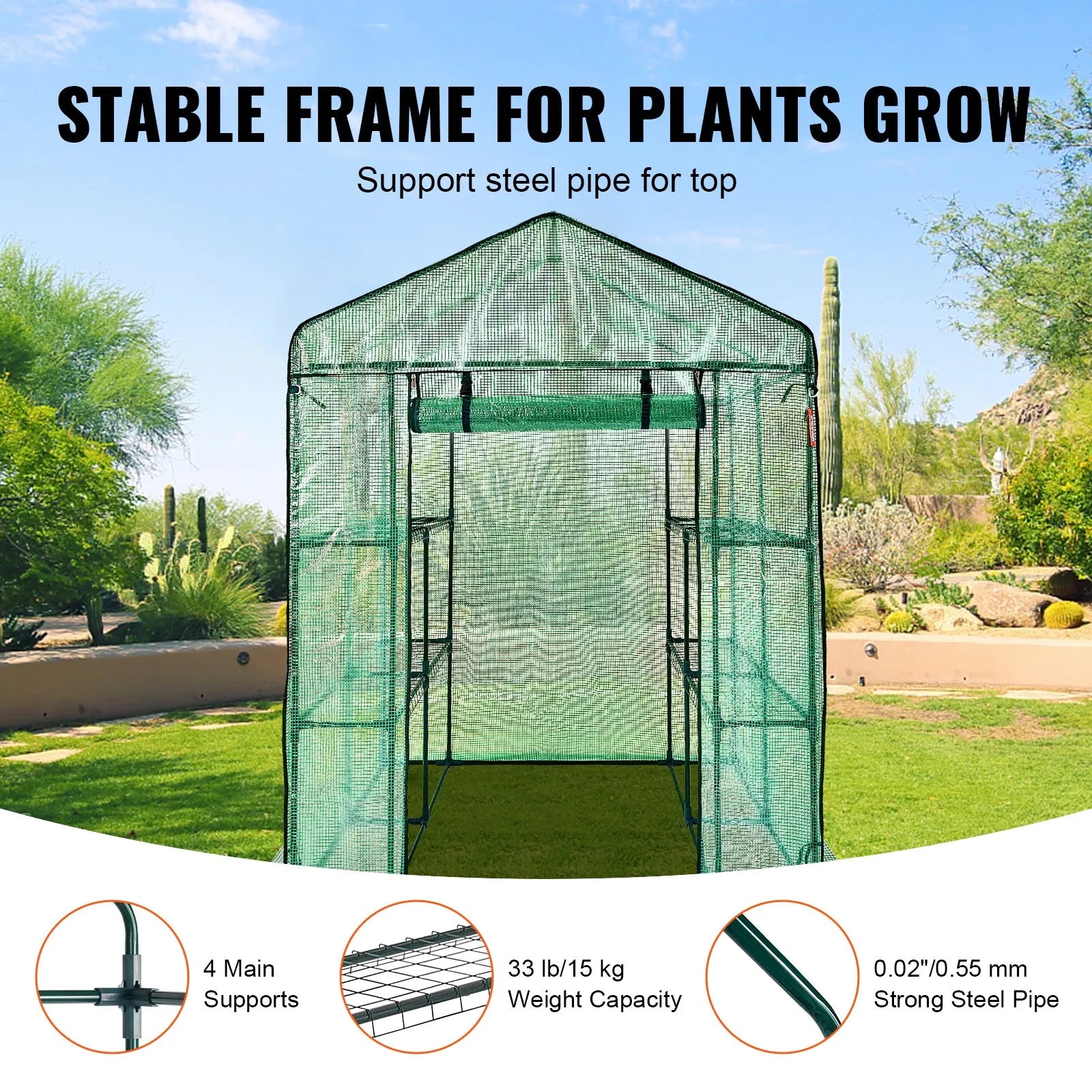 VEVOR Walk-in Green House, 4.6 x 4.6 x  6.6 ft  Greenhouse with Shelves, Set Up in Minutes, High Strength PE Cover with Doors & Windows and Steel Frame, Suitable for Planting and Storage, Green