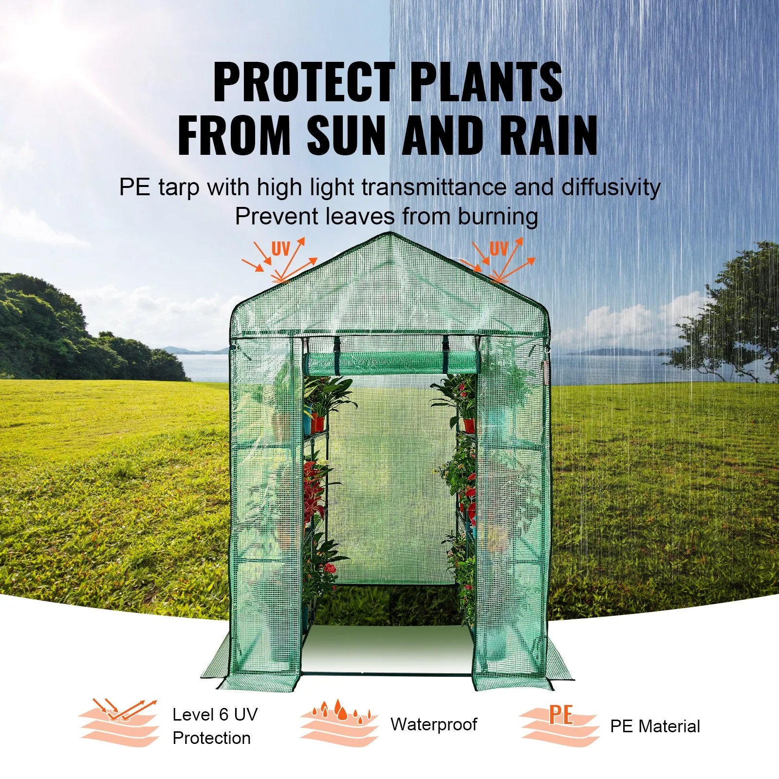 VEVOR Walk-in Green House, 4.6 x 4.6 x  6.6 ft  Greenhouse with Shelves, Set Up in Minutes, High Strength PE Cover with Doors & Windows and Steel Frame, Suitable for Planting and Storage, Green