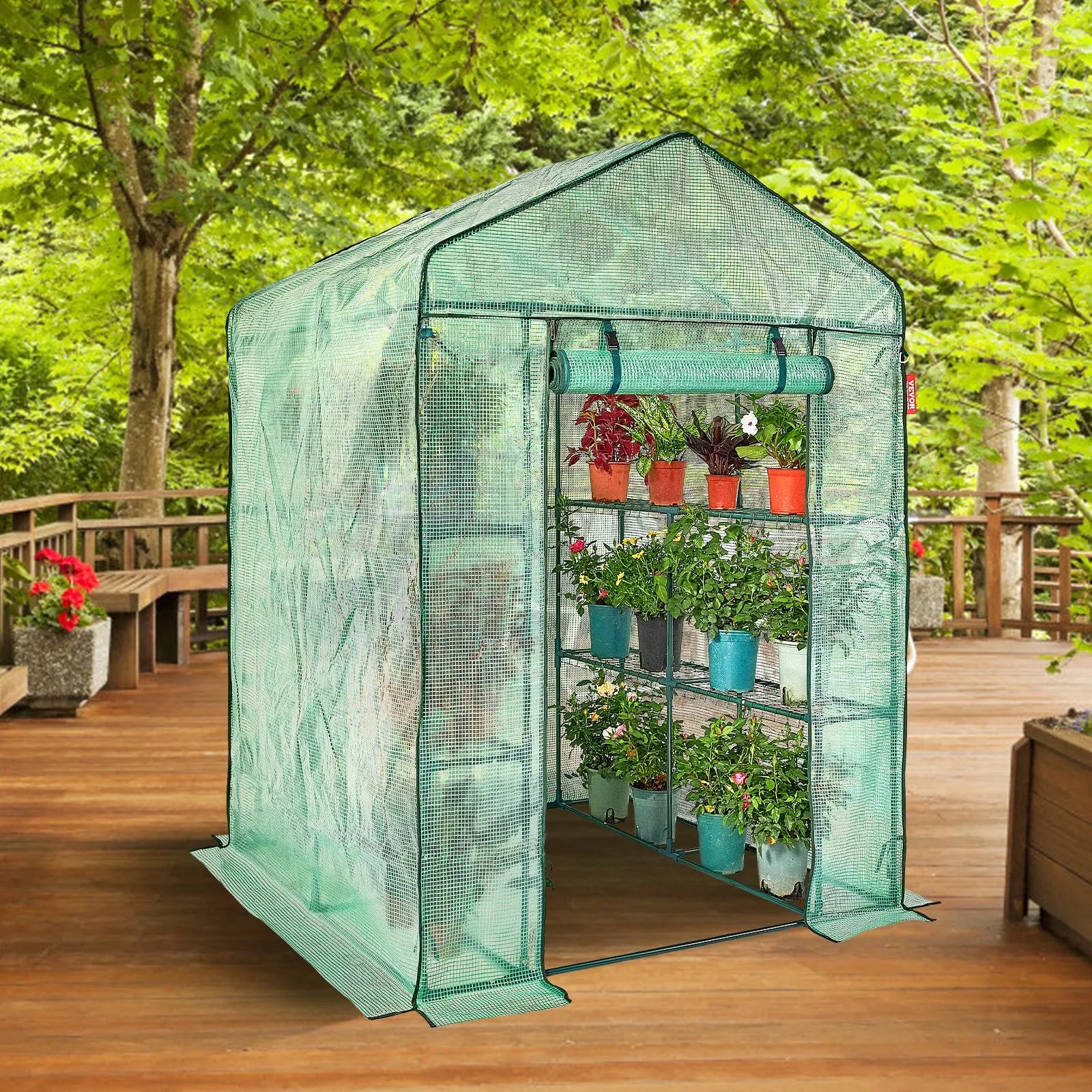 VEVOR Walk-in Green House, 4.6 x 4.6 x  6.6 ft  Greenhouse with Shelves, Set Up in Minutes, High Strength PE Cover with Doors & Windows and Steel Frame, Suitable for Planting and Storage, Green