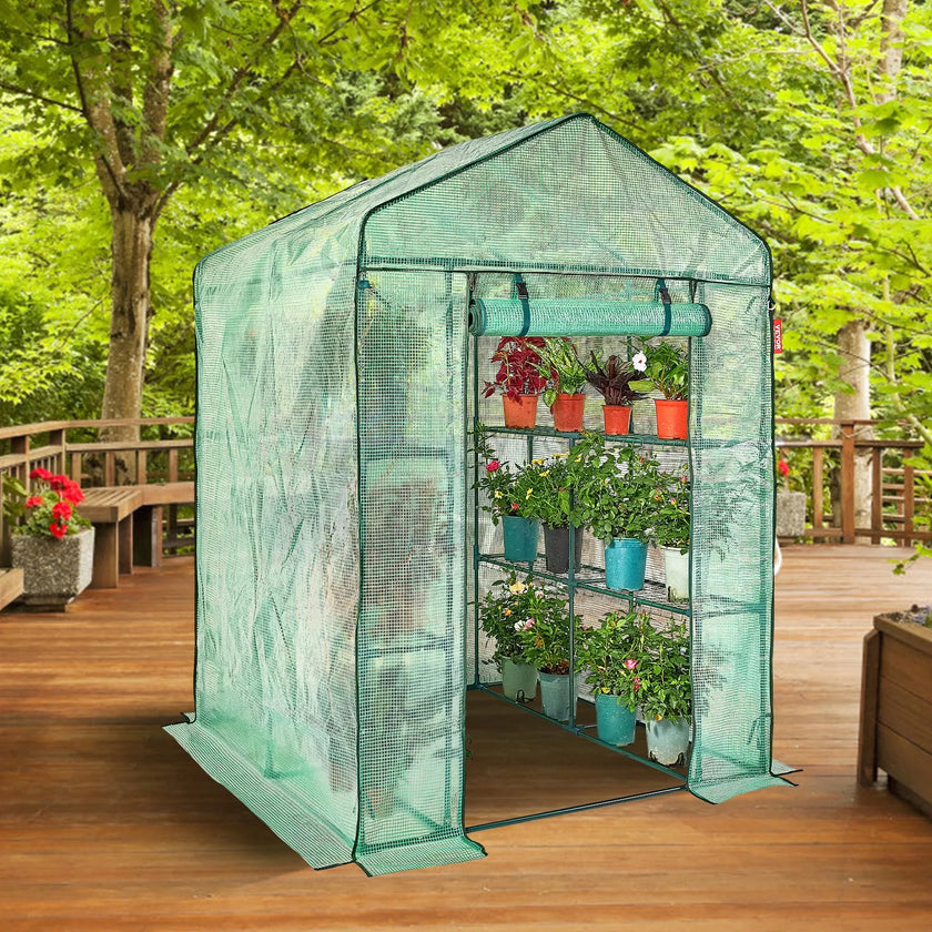 VEVOR Walk-in Green House, 4.6 x 4.6 x  6.6 ft  Greenhouse with Shelves, Set Up in Minutes, High Strength PE Cover with Doors & Windows and Steel Frame, Suitable for Planting and Storage, Green