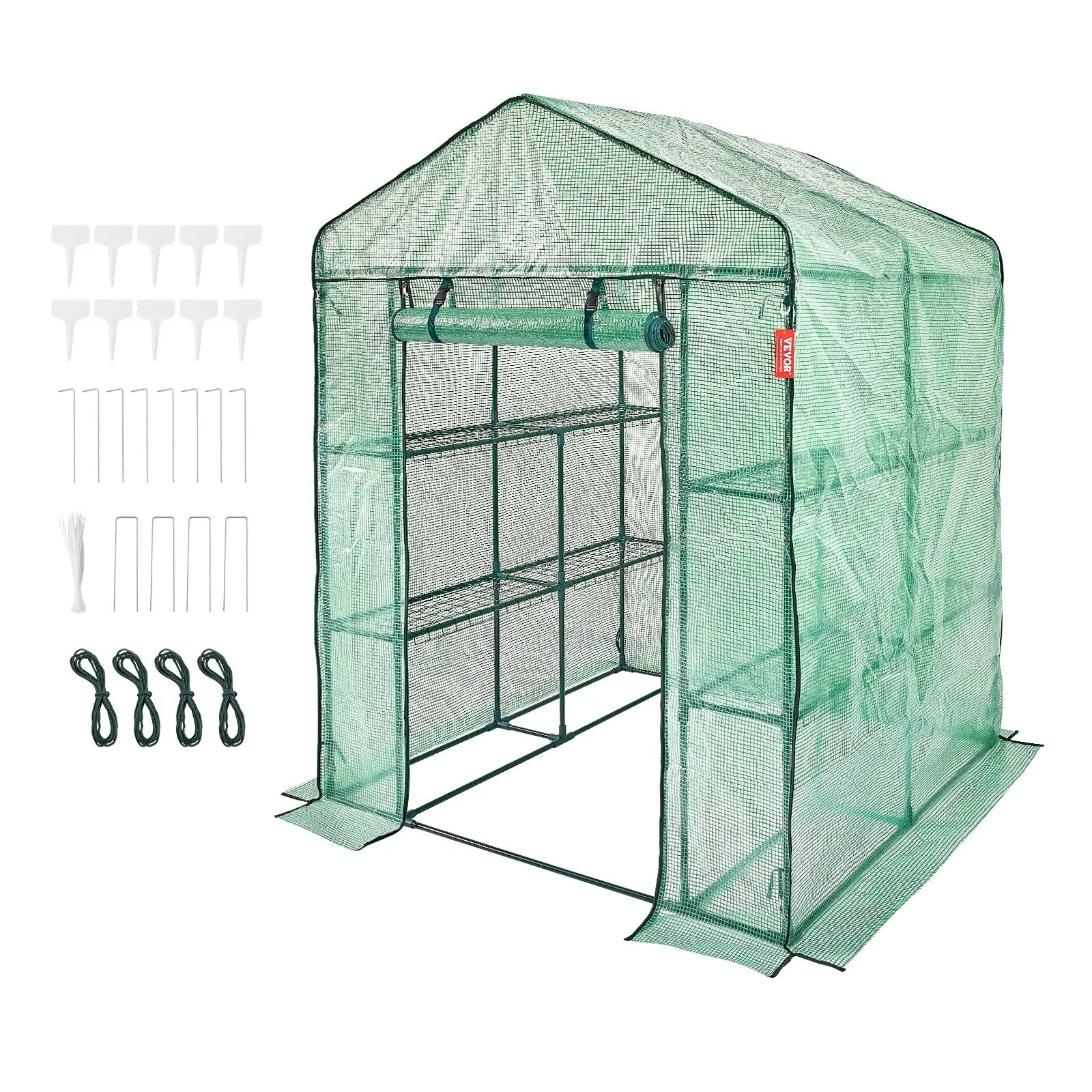 VEVOR Walk-in Green House, 4.6 x 4.6 x  6.6 ft  Greenhouse with Shelves, Set Up in Minutes, High Strength PE Cover with Doors & Windows and Steel Frame, Suitable for Planting and Storage, Green