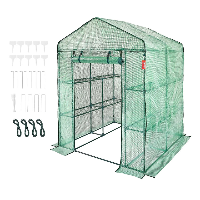 VEVOR Walk-in Green House, 4.6 x 4.6 x  6.6 ft  Greenhouse with Shelves, Set Up in Minutes, High Strength PE Cover with Doors & Windows and Steel Frame, Suitable for Planting and Storage, Green