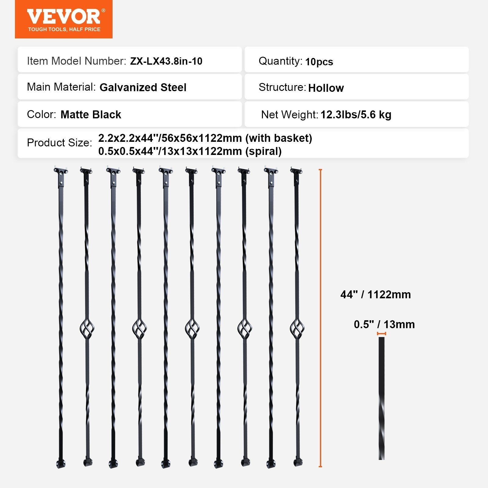 VEVOR Staircase Metal Balusters, 44'' x 1/2