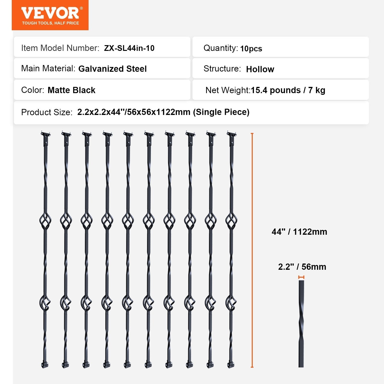 VEVOR Staircase Metal Balusters, 44'' x 1/2