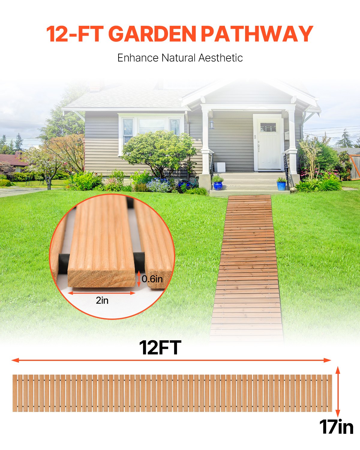 VEVOR 12 ft L x 17 in W Straight Wooden Garden Pathway Roll Out Garden Walkway