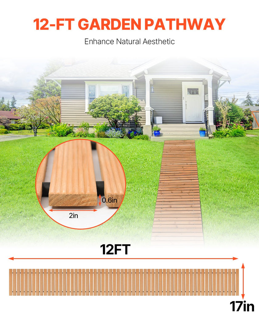 VEVOR 12 ft L x 17 in W Straight Wooden Garden Pathway Roll Out Garden Walkway