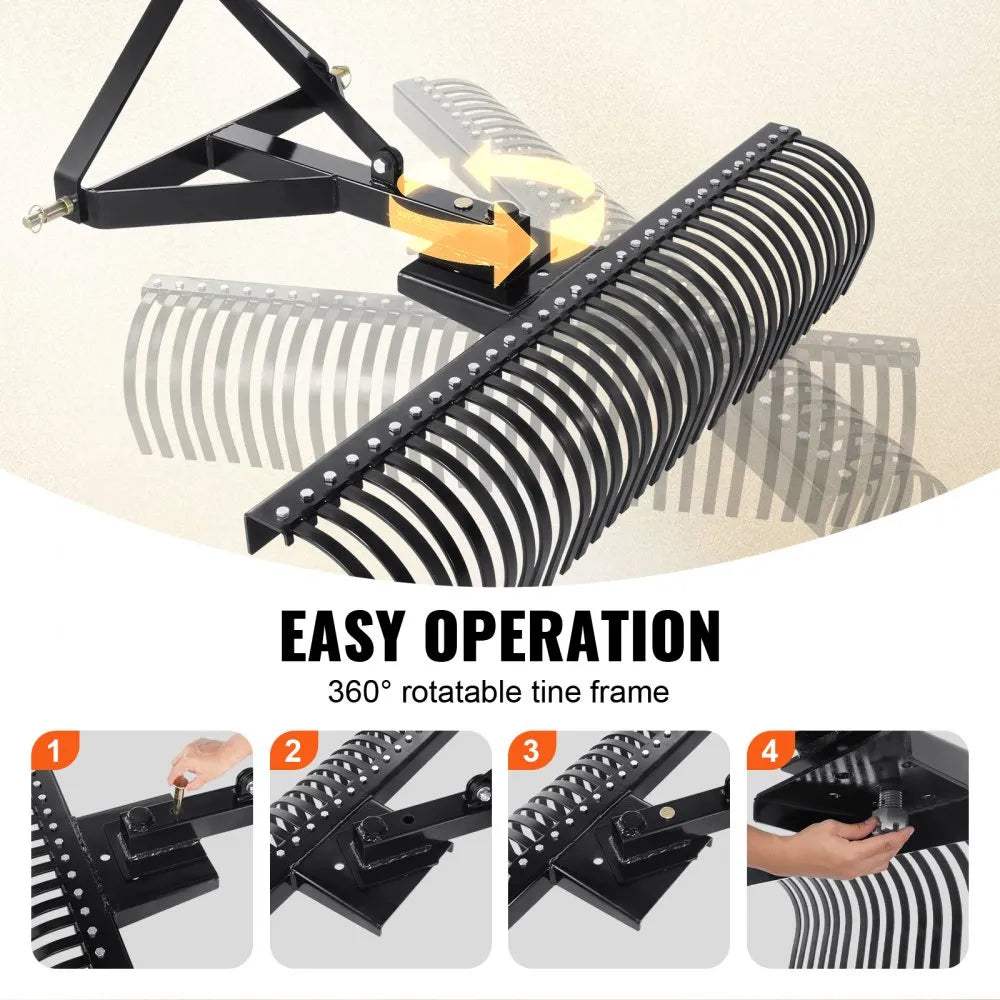 VEVOR Tow Behind Dethatcher, 60-inch Tow Dethatcher with 32 Steel Tines, 3-Point Lawn Dethatcher Rake with Attachments for Tractor, Landscape Rake for Garden, Farm, Grass