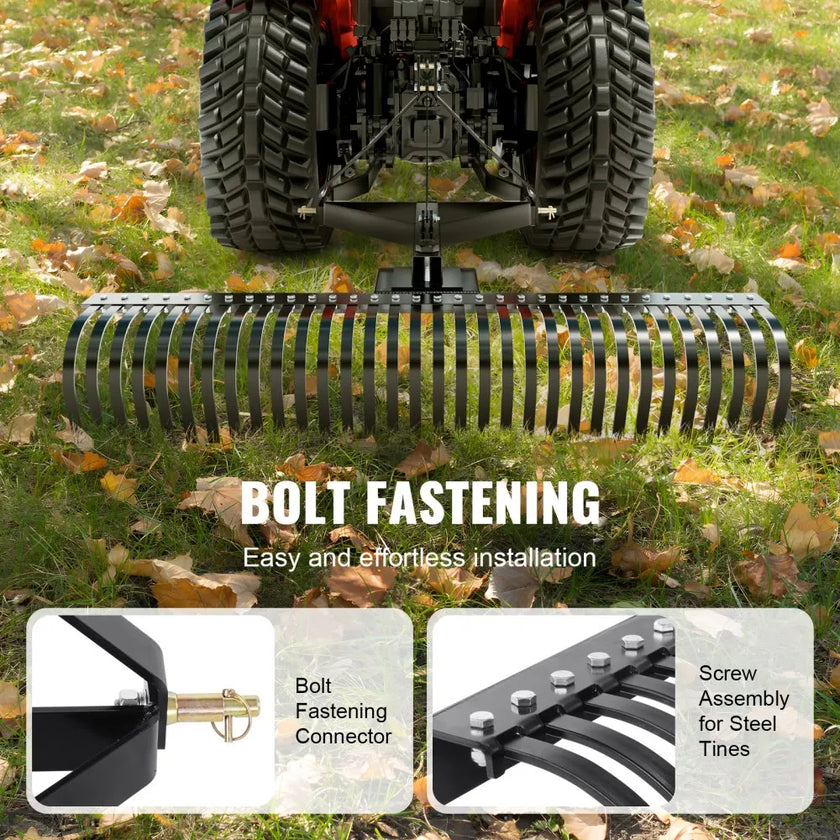 VEVOR Tow Behind Dethatcher, 60-inch Tow Dethatcher with 32 Steel Tines, 3-Point Lawn Dethatcher Rake with Attachments for Tractor, Landscape Rake for Garden, Farm, Grass