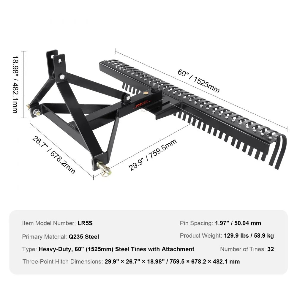 VEVOR Tow Behind Dethatcher, 60-inch Tow Dethatcher with 32 Steel Tines, 3-Point Lawn Dethatcher Rake with Attachments for Tractor, Landscape Rake for Garden, Farm, Grass