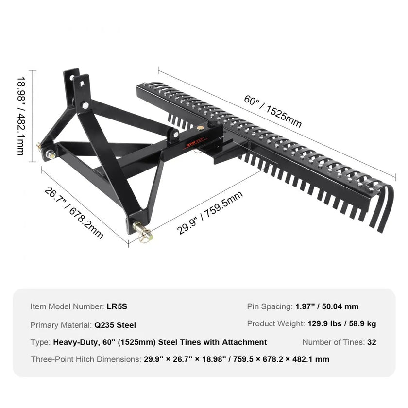 VEVOR Tow Behind Dethatcher, 60-inch Tow Dethatcher with 32 Steel Tines, 3-Point Lawn Dethatcher Rake with Attachments for Tractor, Landscape Rake for Garden, Farm, Grass