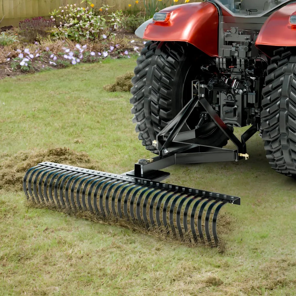 VEVOR Tow Behind Dethatcher, 60-inch Tow Dethatcher with 32 Steel Tines, 3-Point Lawn Dethatcher Rake with Attachments for Tractor, Landscape Rake for Garden, Farm, Grass