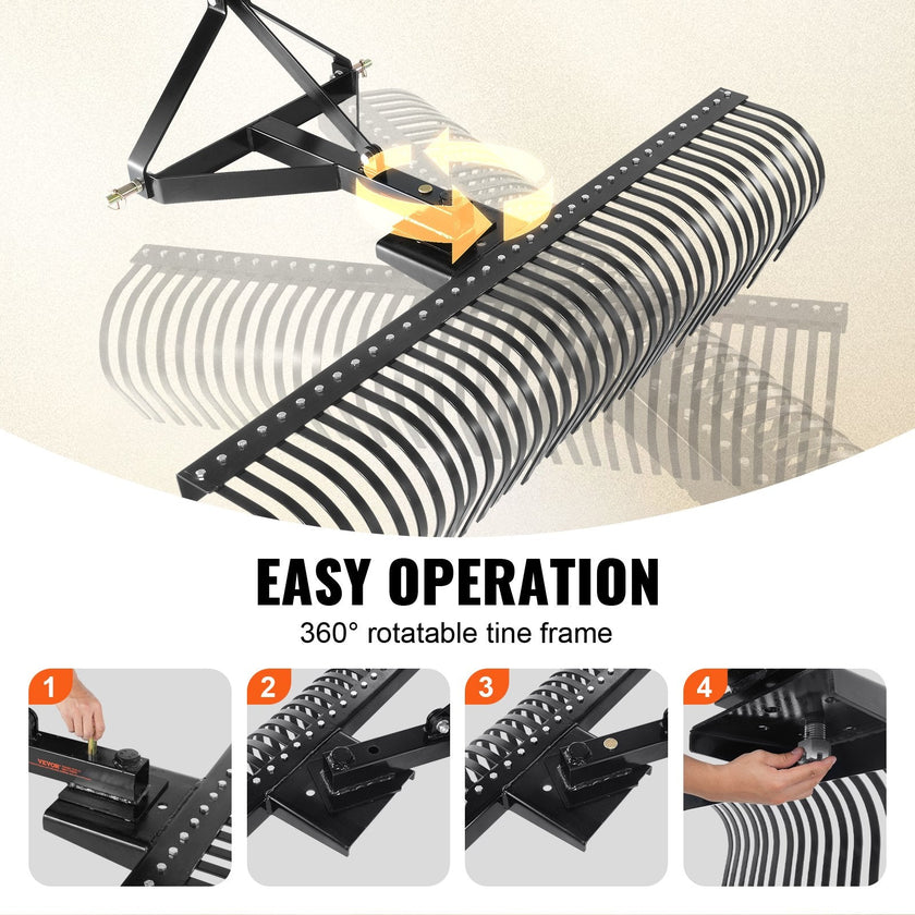 VEVOR Tow Behind Dethatcher, 72-inch Tow Dethatcher with 36 Steel Tines, 3-Point Lawn Dethatcher Rake with Attachments for Tractor, Landscape Rake for Garden, Farm, Grass