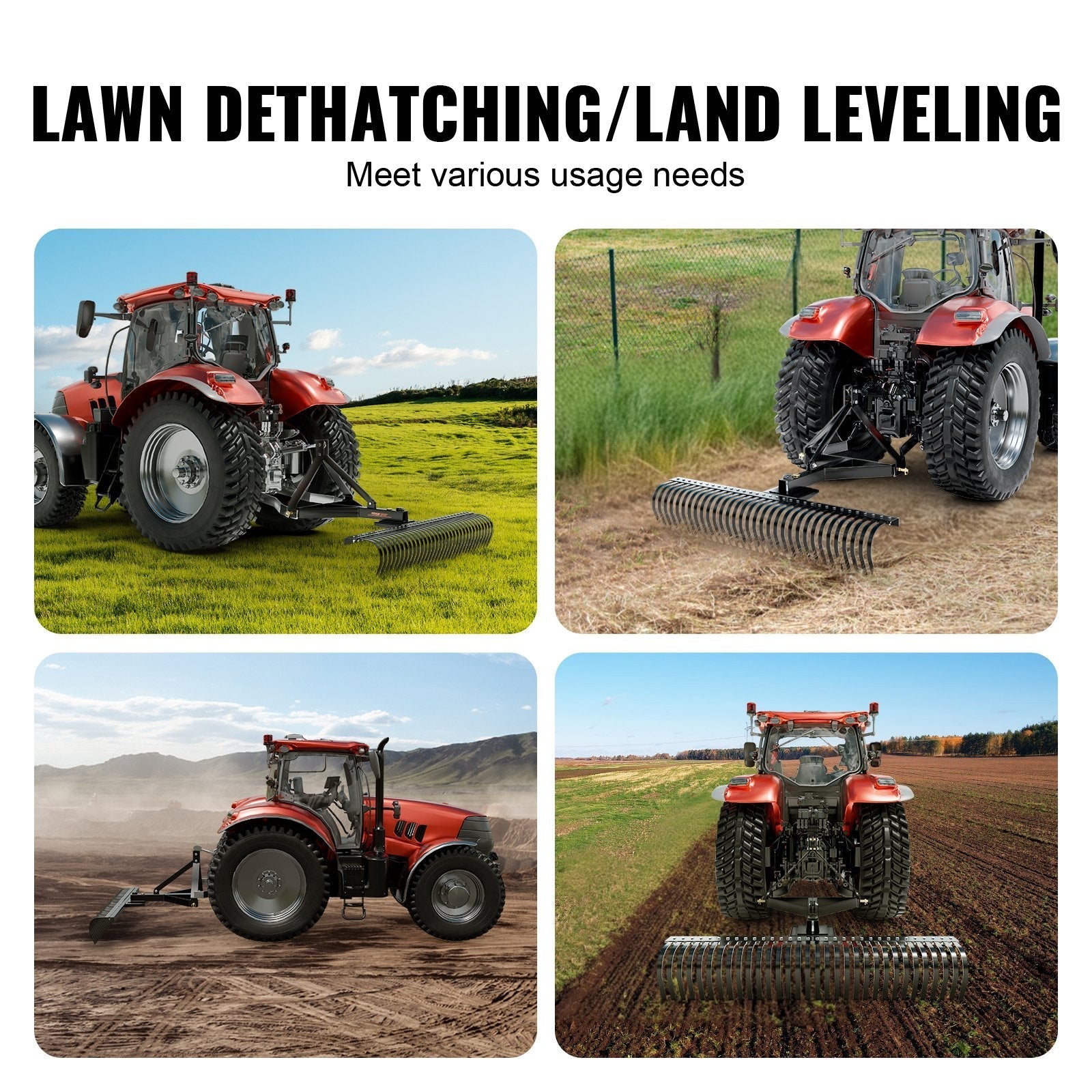 VEVOR Tow Behind Dethatcher, 72-inch Tow Dethatcher with 36 Steel Tines, 3-Point Lawn Dethatcher Rake with Attachments for Tractor, Landscape Rake for Garden, Farm, Grass