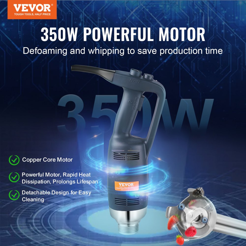 VEVOR Commercial Immersion Blender, 350W Heavy Duty Hand Mixer, 12 inch Stepless Variable Speed Mixer with Stainless Steel Blade, Multi-Purpose Portable Mixer for Soup, Sauces, Mashed Potatoes, Cream