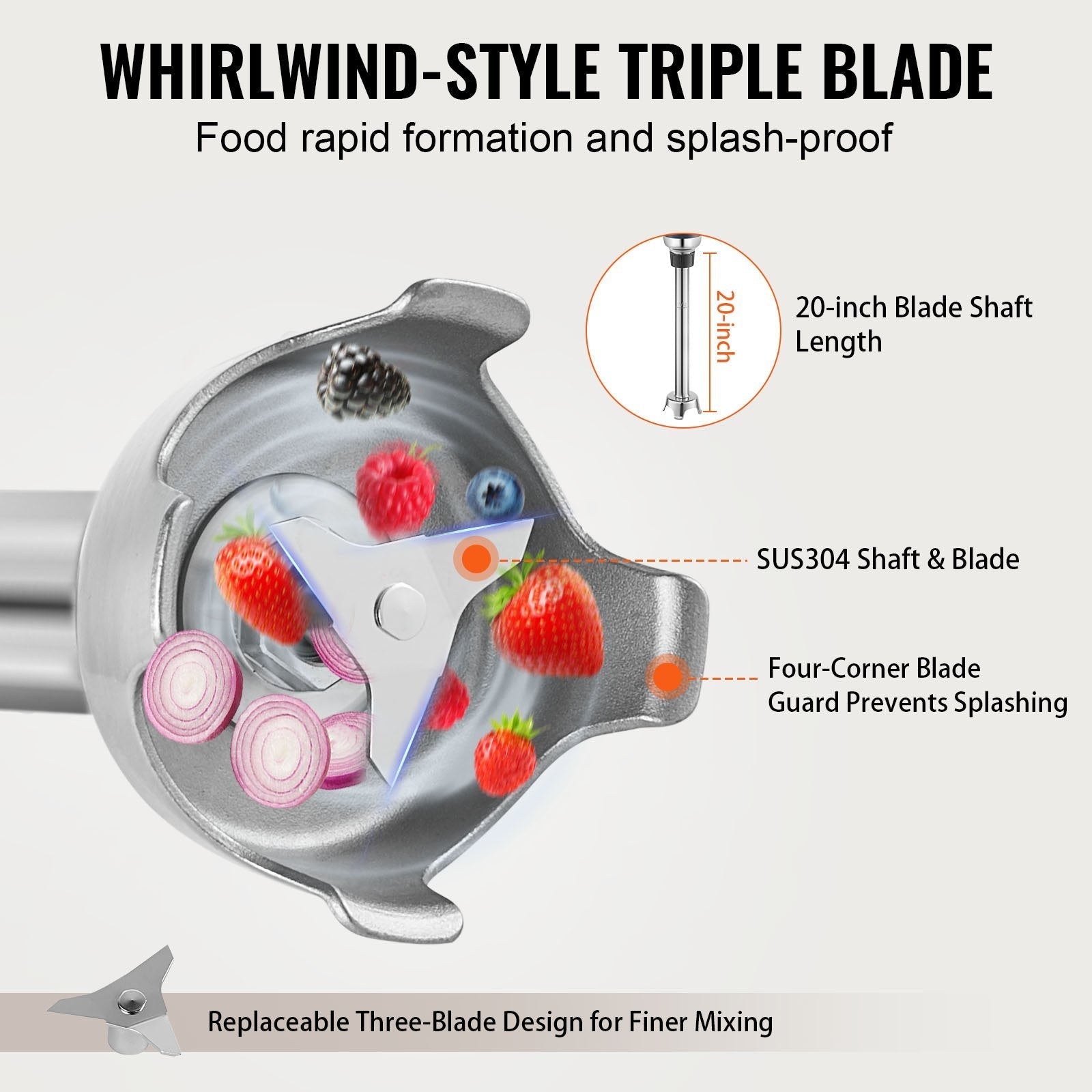 VEVOR Commercial Immersion Blender, 350W Heavy Duty Hand Mixer, 20 inch Stepless Variable Speed Mixer with Stainless Steel Blade, Multi-Purpose Portable Mixer for Soup, Sauces, Mashed Potatoes, Cream
