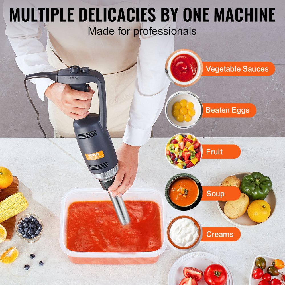 VEVOR Commercial Immersion Blender, 350W Heavy Duty Hand Mixer, 10 inch Stepless Variable Speed Mixer with Stainless Steel Blade, Multi-Purpose Portable Mixer for Soup, Sauces, Mashed Potatoes, Cream