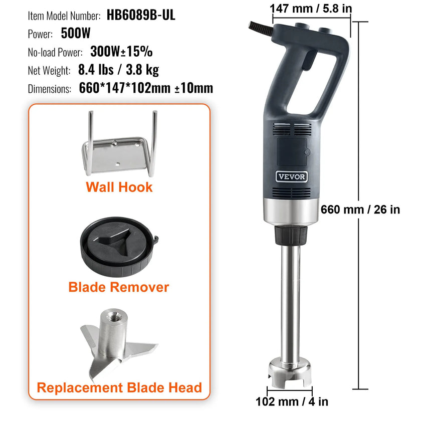 VEVOR Commercial Immersion Blender, 500 Watt Heavy Duty Hand Mixer, Variable Speed Kitchen Stick Mixer with 304 Stainless Steel Blade, Multi-Purpose Portable Mixer for Soup, Smoothie, Puree, Baby Food