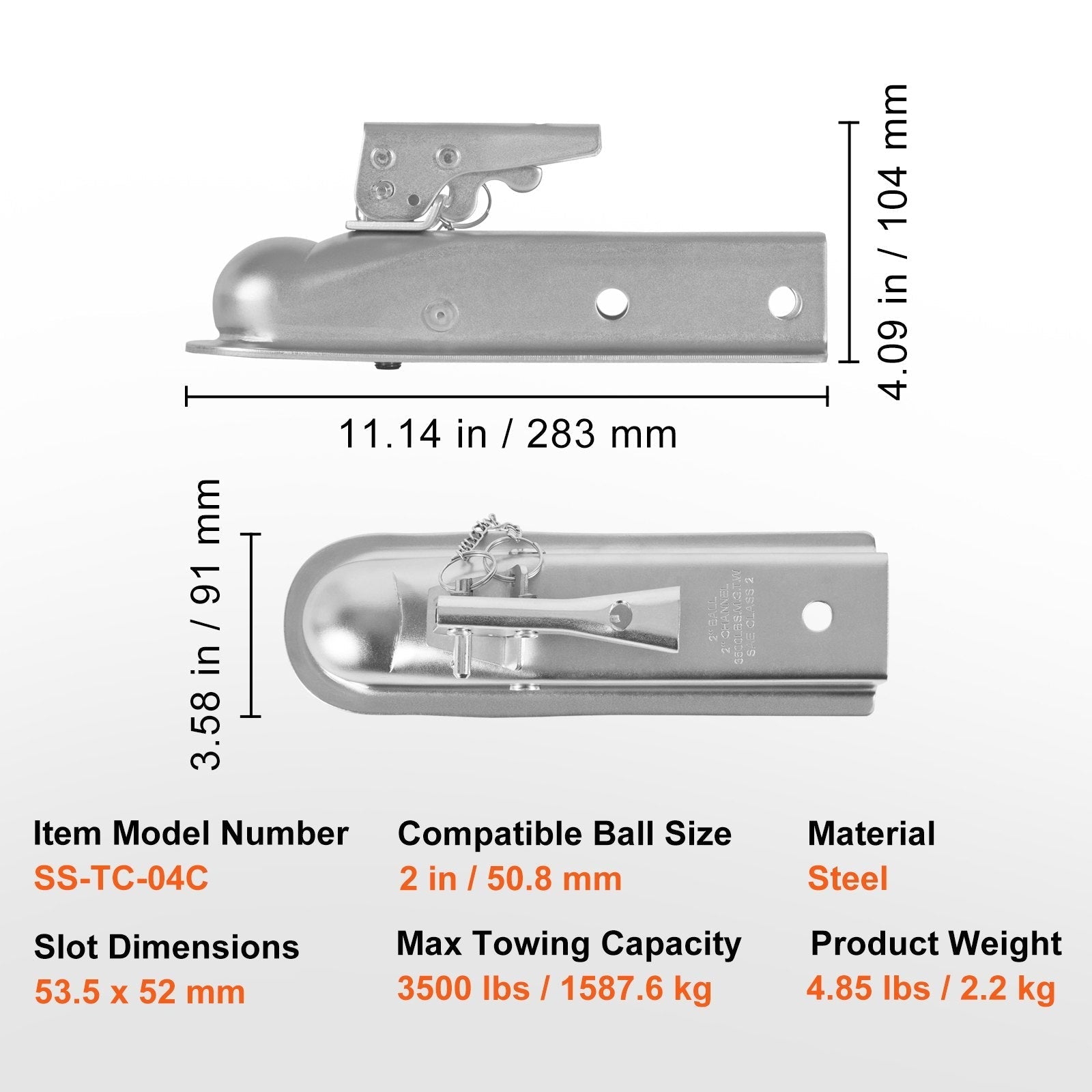 VEVOR Straight Trailer Coupler, for 2-Inch Hitch Ball, 2-Inch Channel, 3500 lbs Capacity, Heavy Duty Trailer Tongue Coupler, Ideal for Towing Station Wagons, Pickup Trucks, SUVs, Zinc Plated Surface