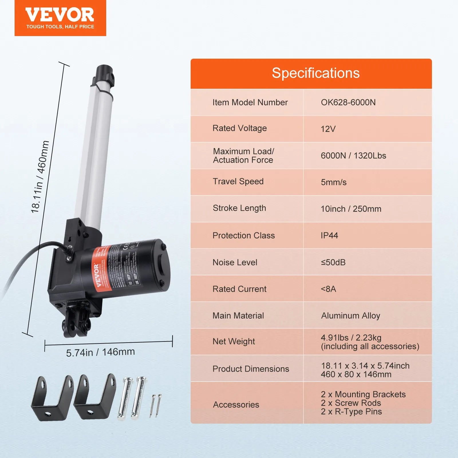 VEVOR Linear Actuator 12V, 10 Inch Heavy Duty 1320lbs/6000N Linear Actuator, 0.19