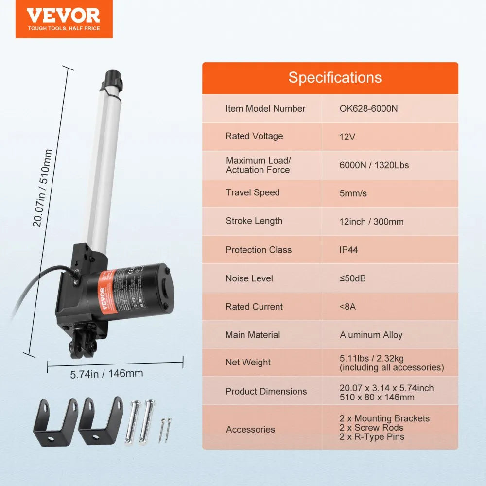 VEVOR Linear Actuator 12V, 12 Inch Heavy Duty 1320lbs/6000N Linear Actuator, 0.19