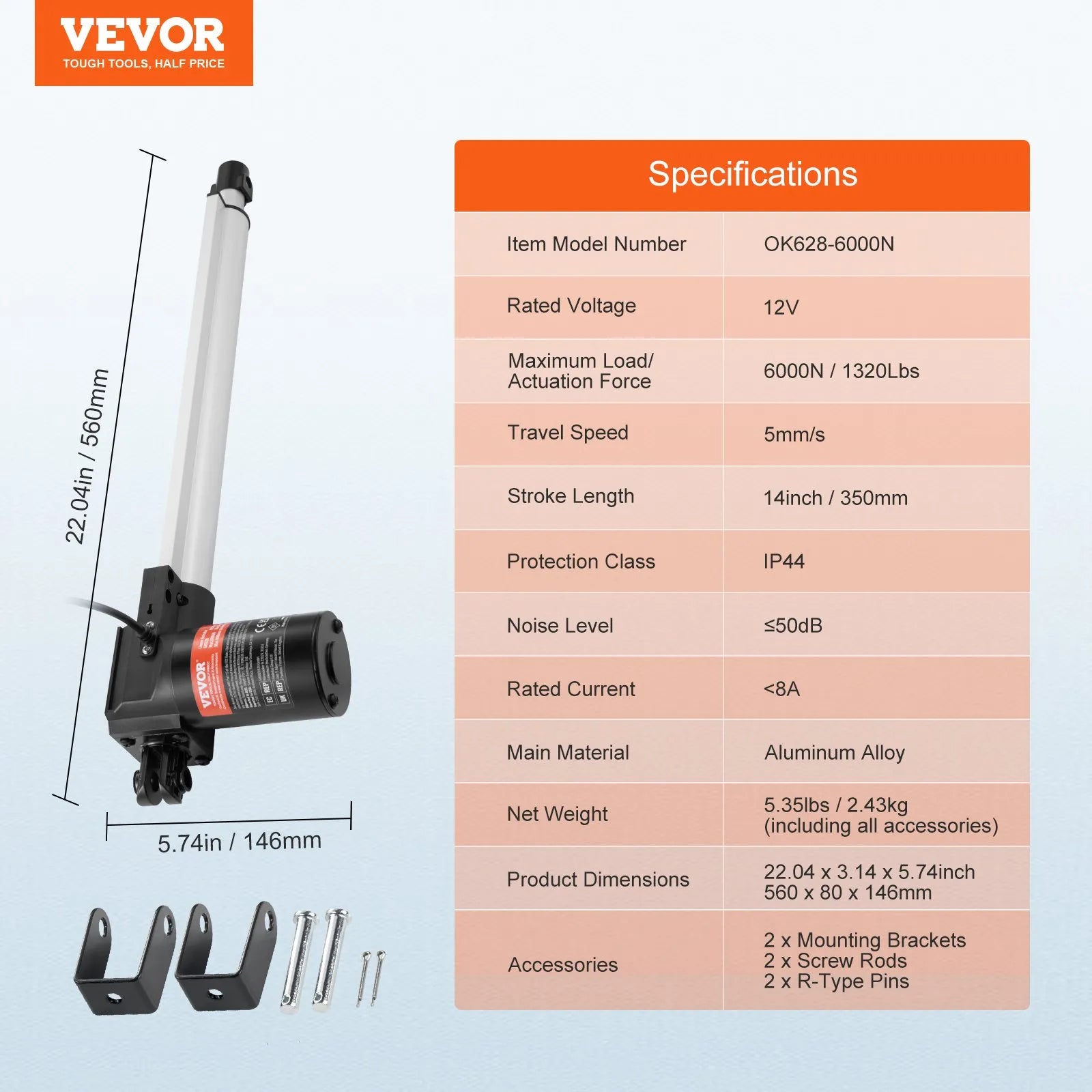 VEVOR Linear Actuator 12V, 14 Inch Heavy Duty 1320lbs/6000N Linear Actuator, 0.19