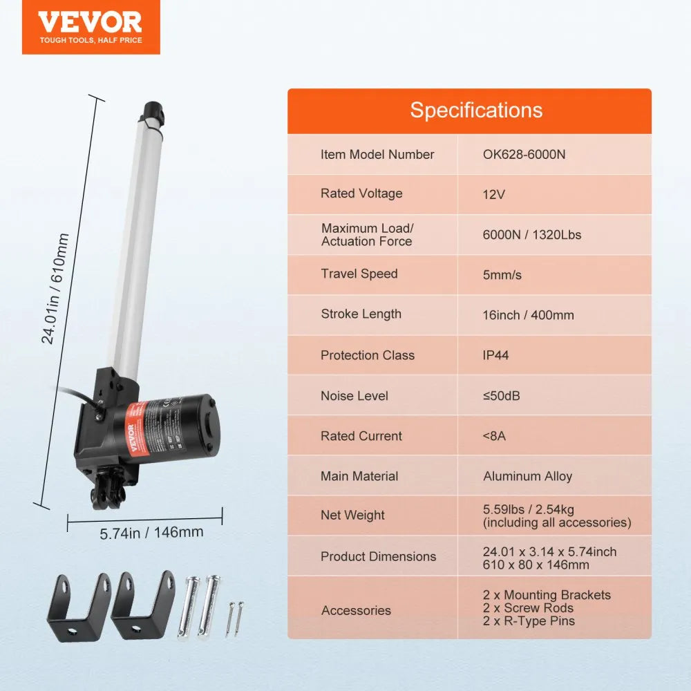 VEVOR Linear Actuator 12V, 16 Inch Heavy Duty 1320lbs /6000N Linear Actuator, 0.19