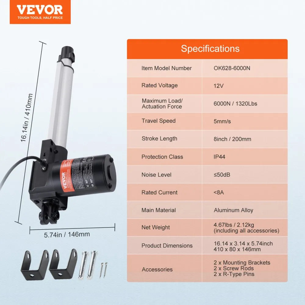 VEVOR Linear Actuator 12V, 8 Inch Heavy Duty 1320lbs/6000N Linear Actuator, 0.19