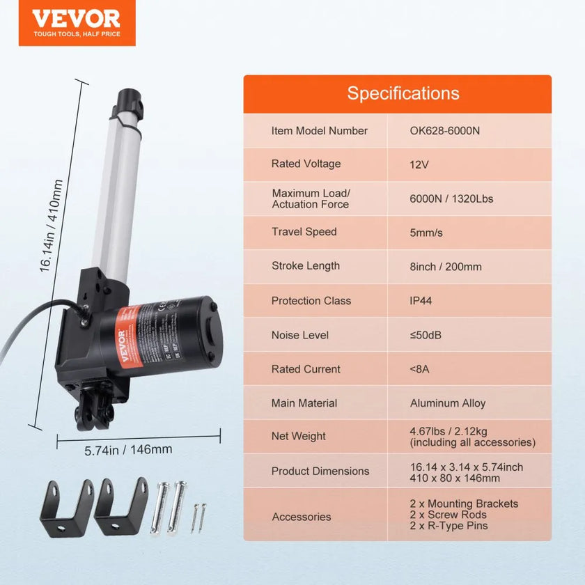 VEVOR Linear Actuator 12V, 8 Inch Heavy Duty 1320lbs/6000N Linear Actuator, 0.19
