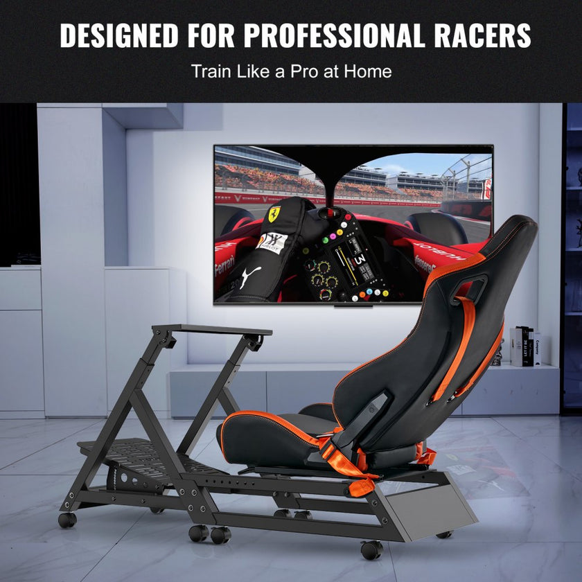 VEVOR Pre-installed Steering Racing Wheel Stand, Universal Base Fit for Logitech/Thrustmaster/Fanatec, Multi-Position Adjustable Driving Simulator, Comfortable PVC Leather Integrated Cockpit w/ Wheels