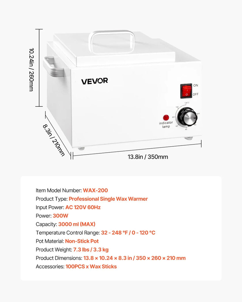 VEVOR Single Wax Warmer 3000ML Wax Warmer for Hair Removal 32-248 ℉ Adjustable