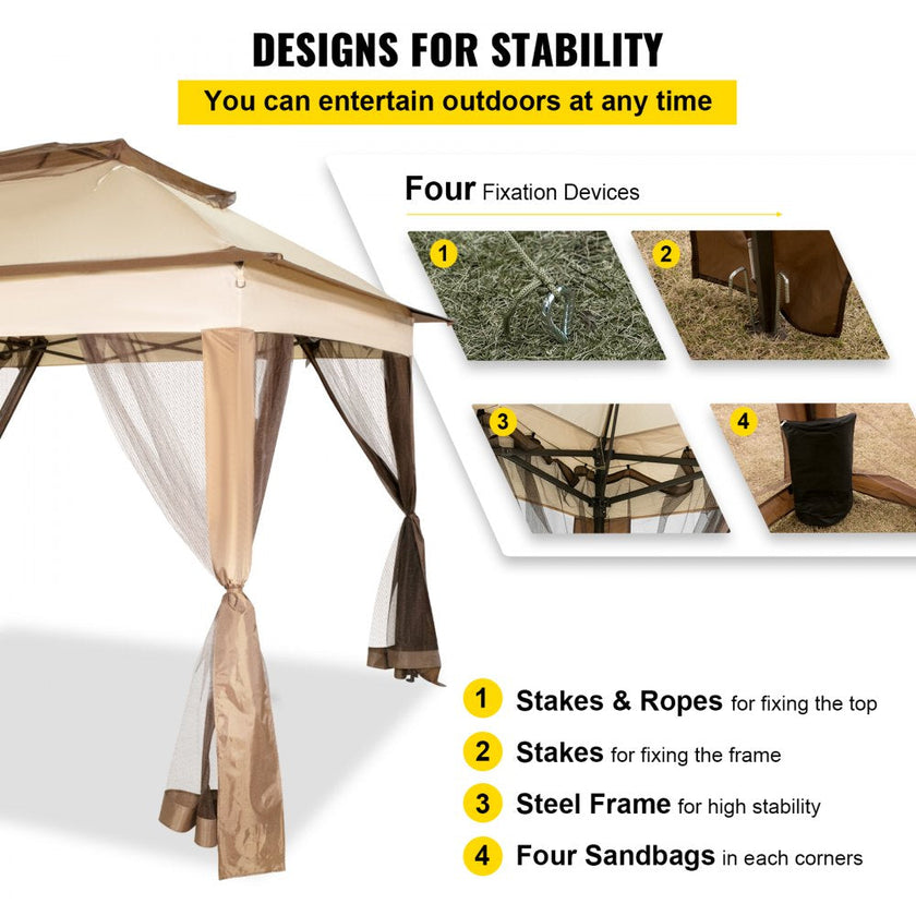 VEVOR Outdoor Canopy Gazebo Tent, Portable Canopy Shelter with 11'x11' Large Shade Space for Party, Backyard, Patio Lawn and Garden, 4 Sandbags, Carrying Bag and Netting Included, Brown