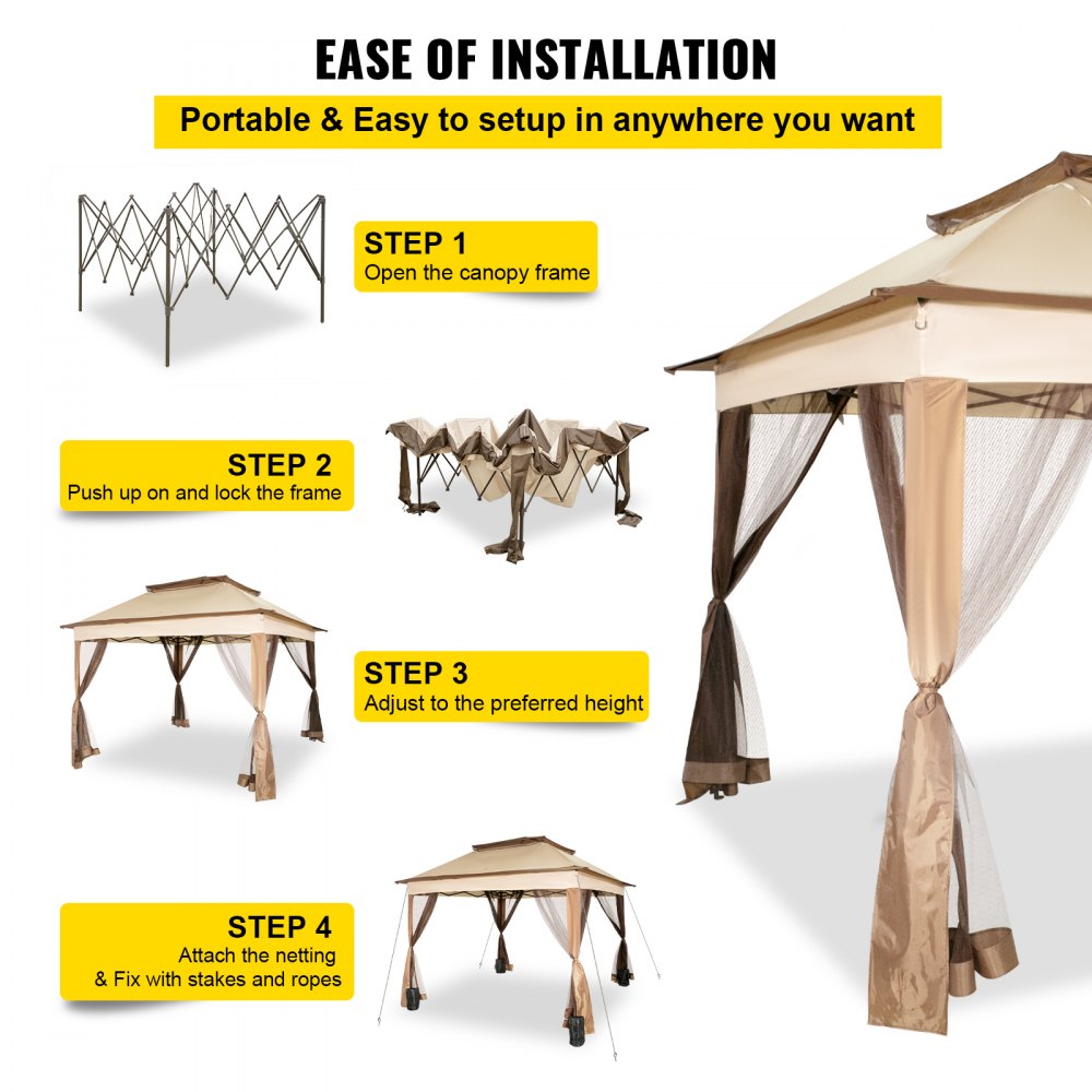 VEVOR Outdoor Canopy Gazebo Tent, Portable Canopy Shelter with 11'x11' Large Shade Space for Party, Backyard, Patio Lawn and Garden, 4 Sandbags, Carrying Bag and Netting Included, Brown