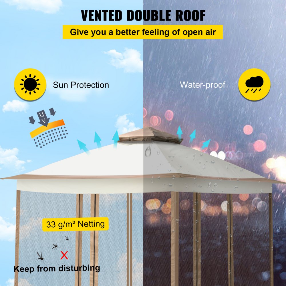 VEVOR Outdoor Canopy Gazebo Tent, Portable Canopy Shelter with 12\'x12\' Large Shade Tents for Parties, Backyard, Patio Lawn and Garden, 4 Sandbags, Carrying Bag and Netting Included, Brown