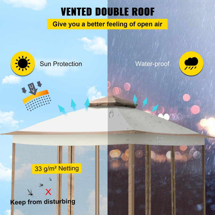 VEVOR Outdoor Canopy Gazebo Tent, Portable Canopy Shelter with 12\'x12\' Large Shade Tents for Parties, Backyard, Patio Lawn and Garden, 4 Sandbags, Carrying Bag and Netting Included, Brown