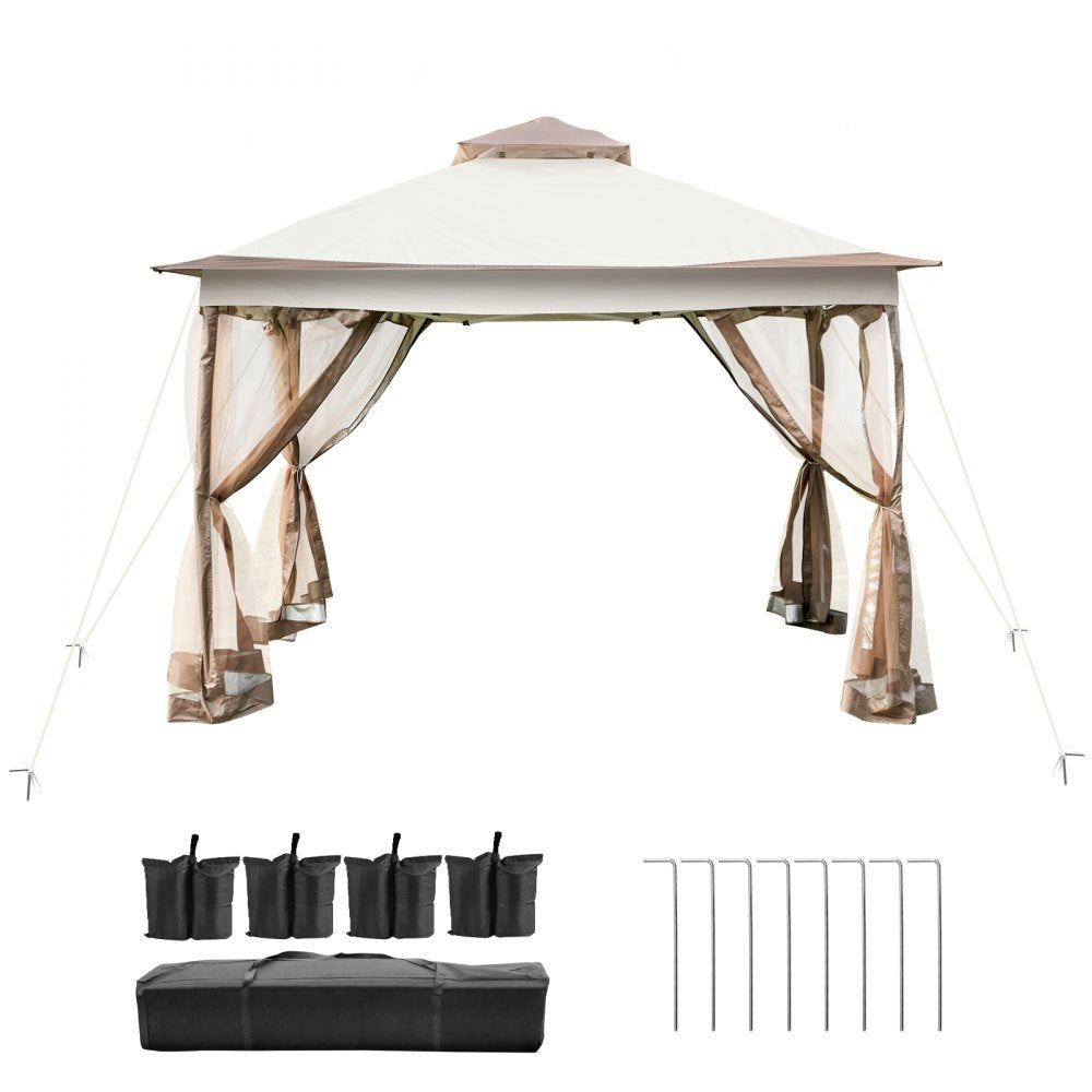 VEVOR Outdoor Canopy Gazebo Tent, Portable Canopy Shelter with 12\'x12\' Large Shade Tents for Parties, Backyard, Patio Lawn and Garden, 4 Sandbags, Carrying Bag and Netting Included, Brown