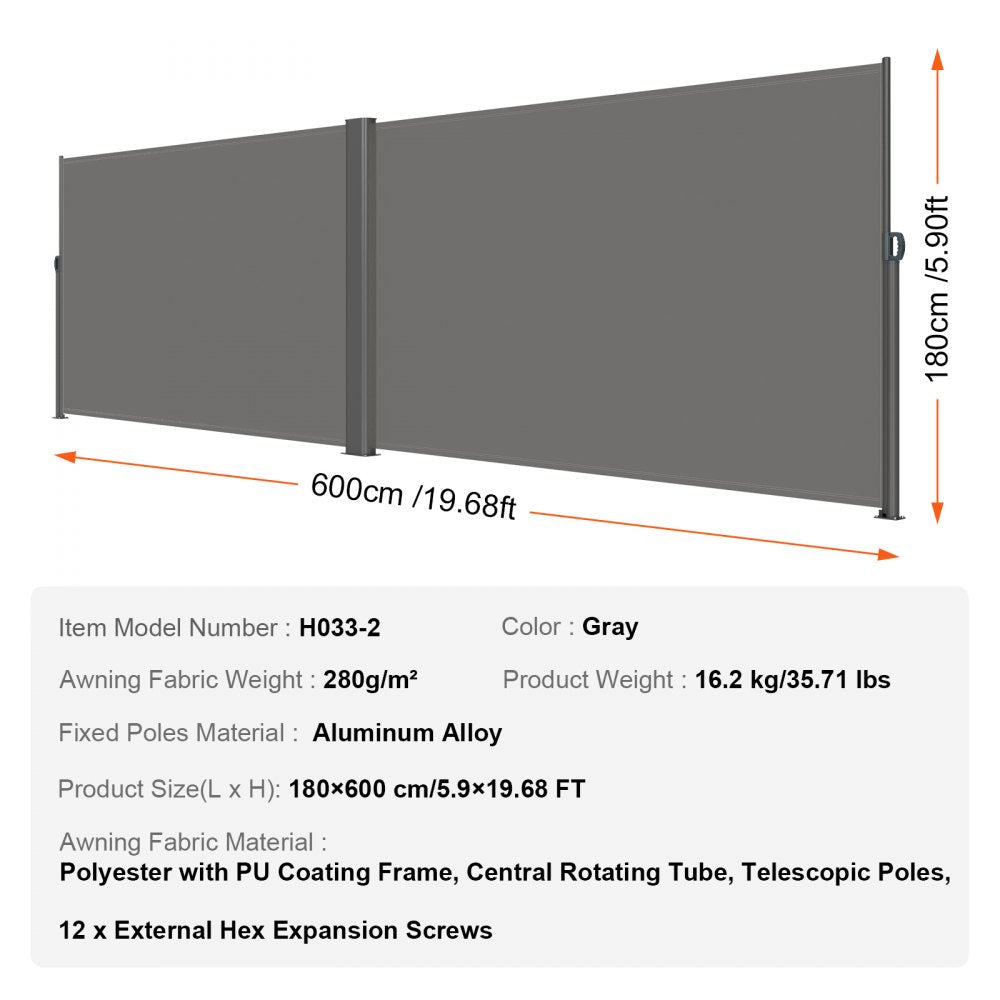 Retractable Side Awning Patio Screen Retractable Fence 71x236inch Privacy Screen