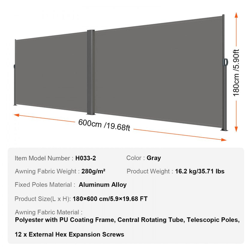 Retractable Side Awning Patio Screen Retractable Fence 71x236inch Privacy Screen