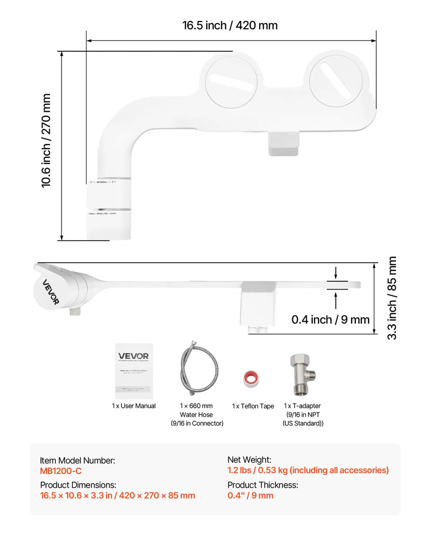 VEVOR Bidet Attachment for Toilet Self-Cleaning Dual Nozzles Adjustable Pressure
