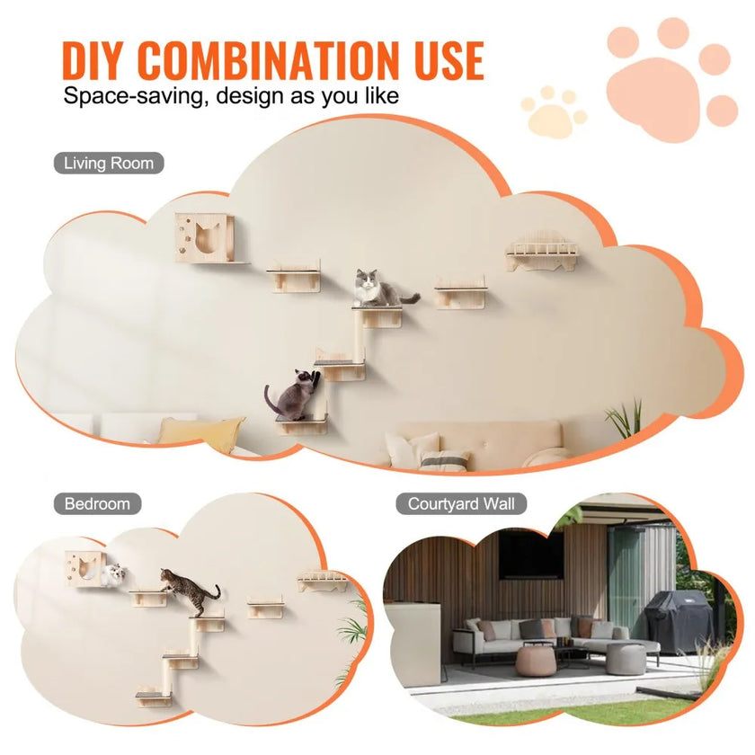 VEVOR Wall Mounted Cat Shelves Tree with Jumping Boards Nest Furniture Set of 5