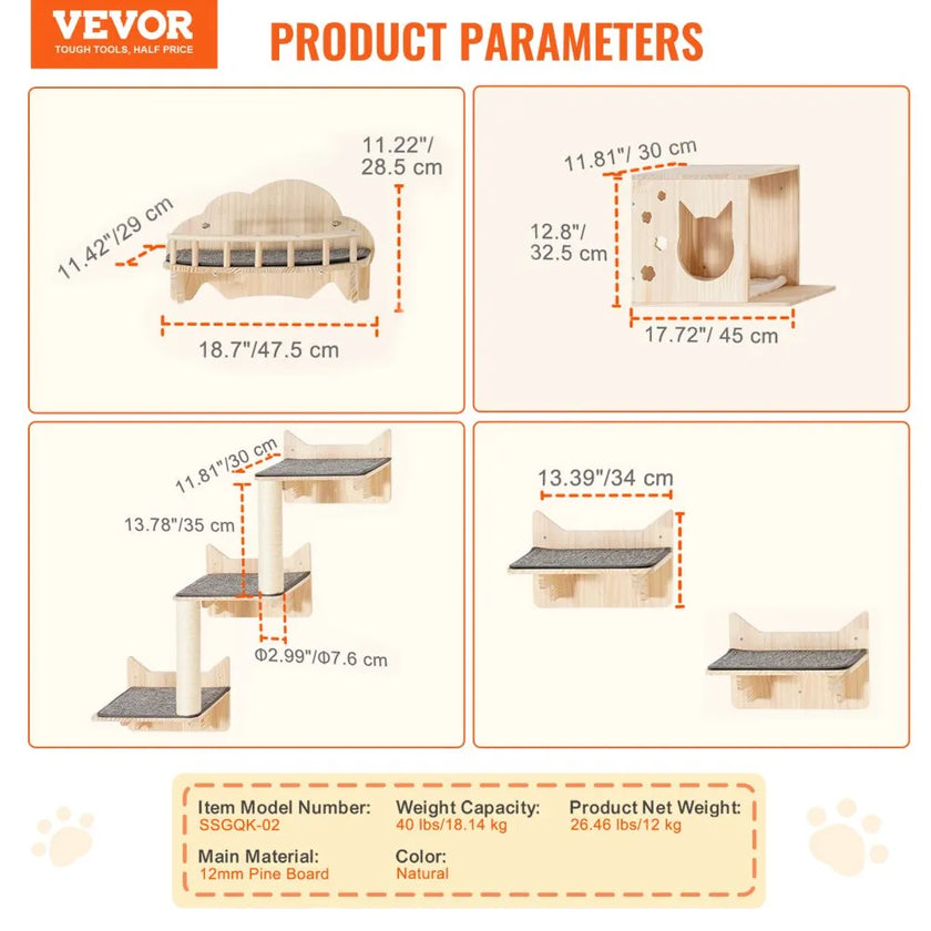 VEVOR Wall Mounted Cat Shelves Tree with Jumping Boards Nest Furniture Set of 5