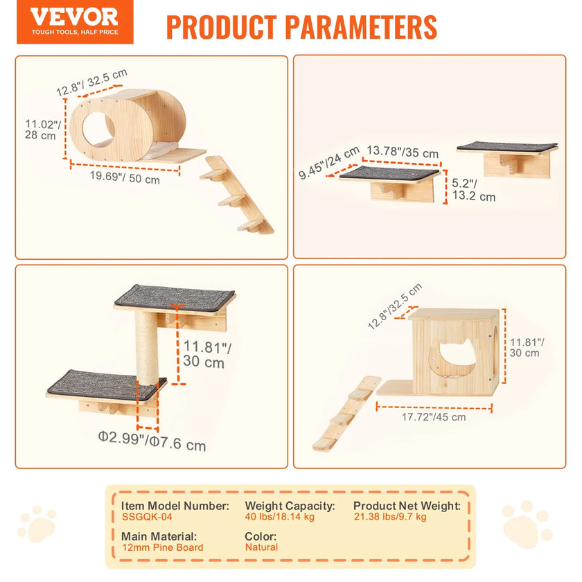 VEVOR Wall Mounted Cat Shelves Tree with Jumping Boards Nests Hammock Set of 7
